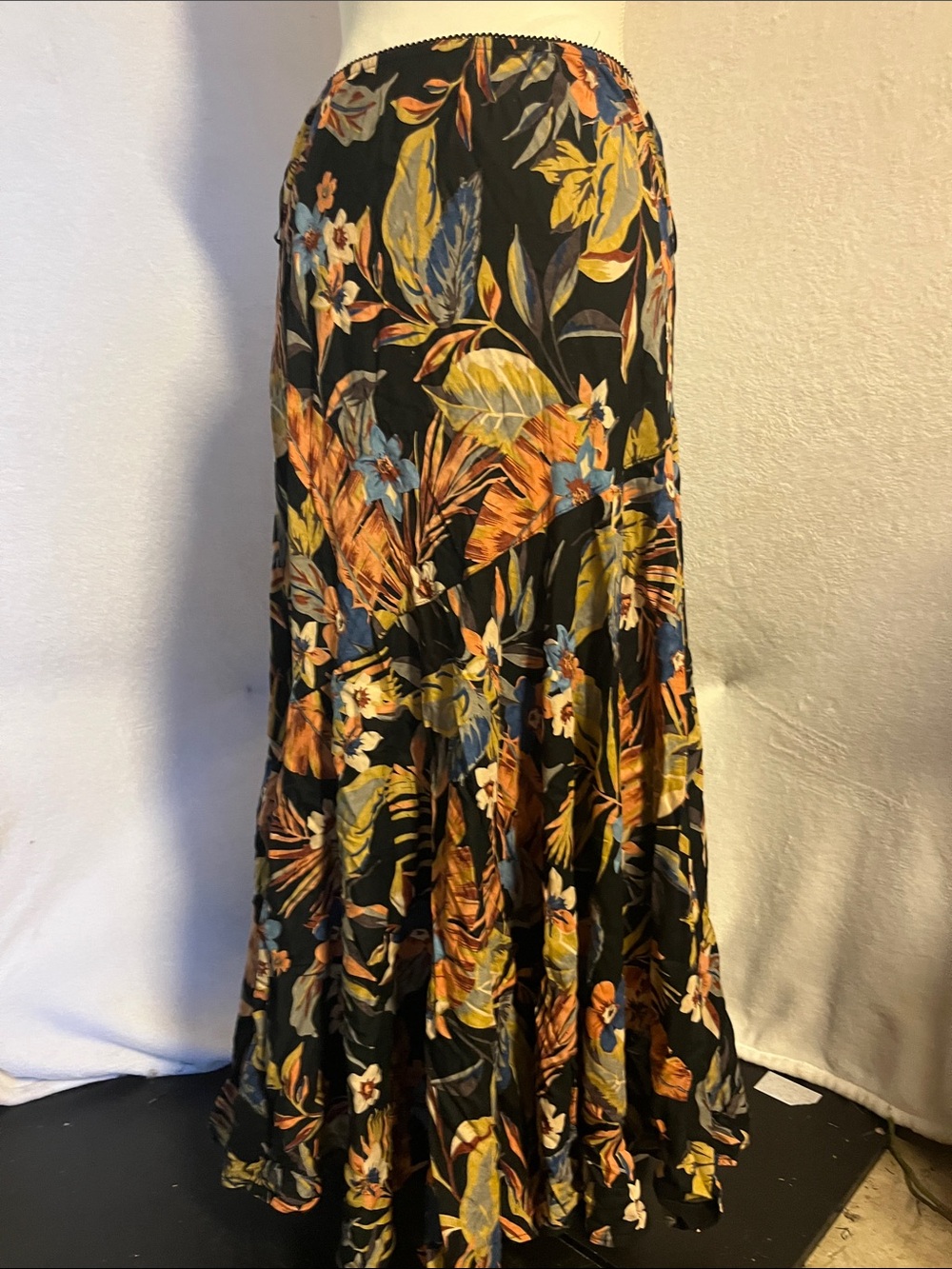 Floral a line Maxi Skirt - Black with Mustard & Blue Floral